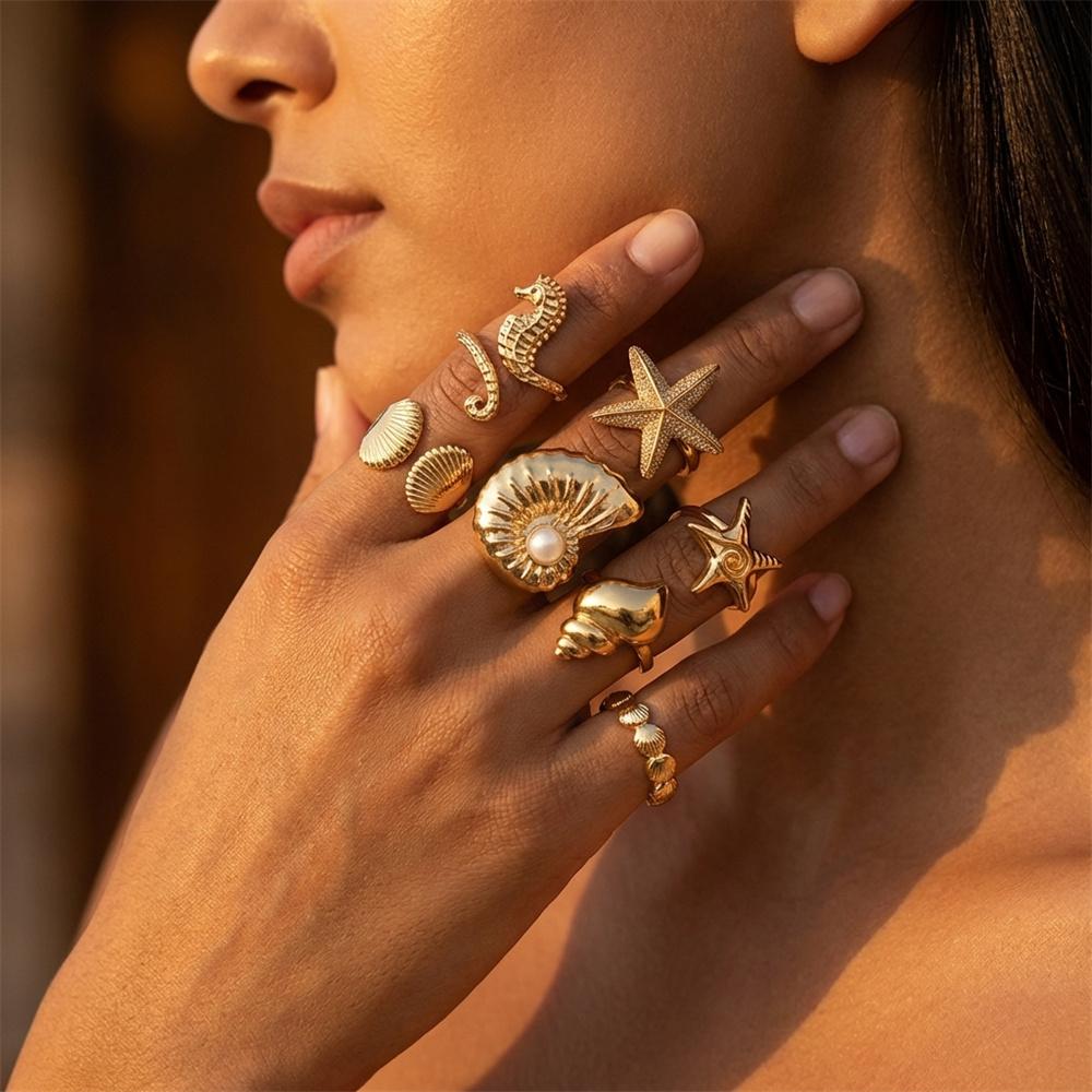 7Pcs Ocean Ring Set for Women Golden-Tone Stackable Starfish Seahorse Conch Faux Pearl Beach Vacation Resort Jewelry