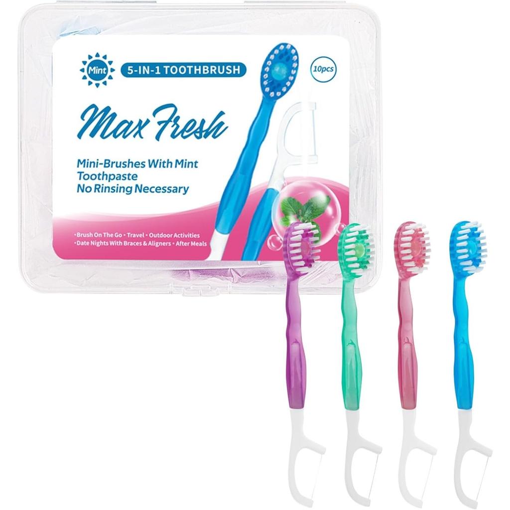 10PCS Mini 5 in 1 Toothbrush & Floss Travel Toothbrushes with Toothpaste Set with Floss+Pick Multifunctional Floss