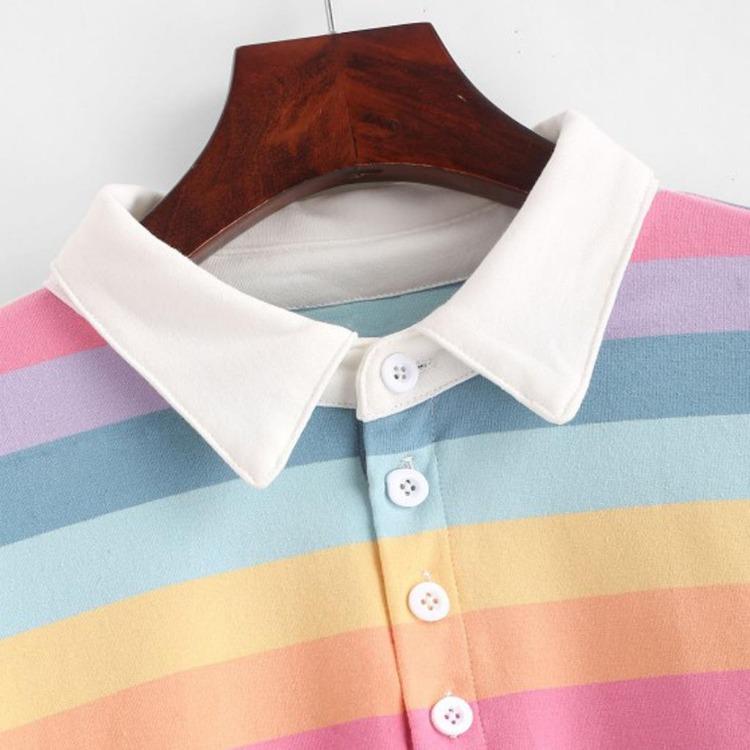 Women's Korean Style Rainbow Striped Polo Hoodie Sweater Long Sleeve