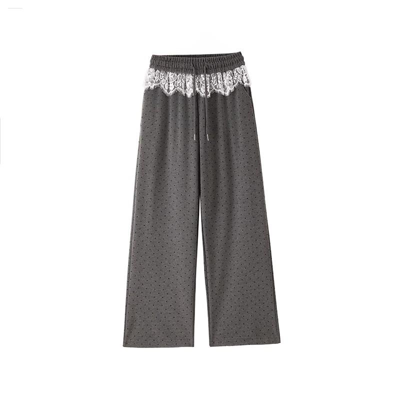Spring/Summer 2026 Women's Casual Wide-Leg Pants with Lace Patchwork and Polka Dots, Elastic Waist, Slimming, Versatile and Straight Leg Fit.
