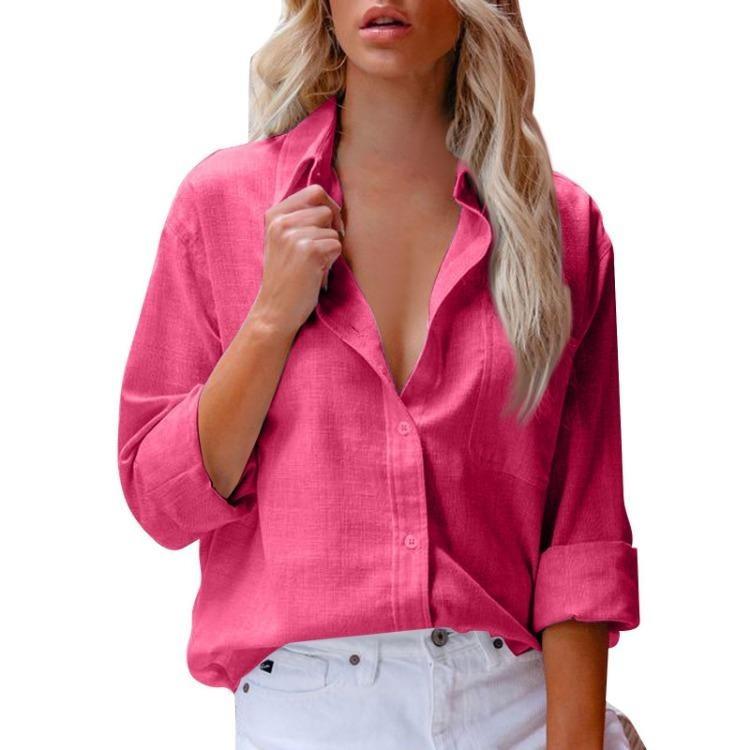 Classic Lapel Blouse Long Sleeve Button Shirt Women's Cotton Linen