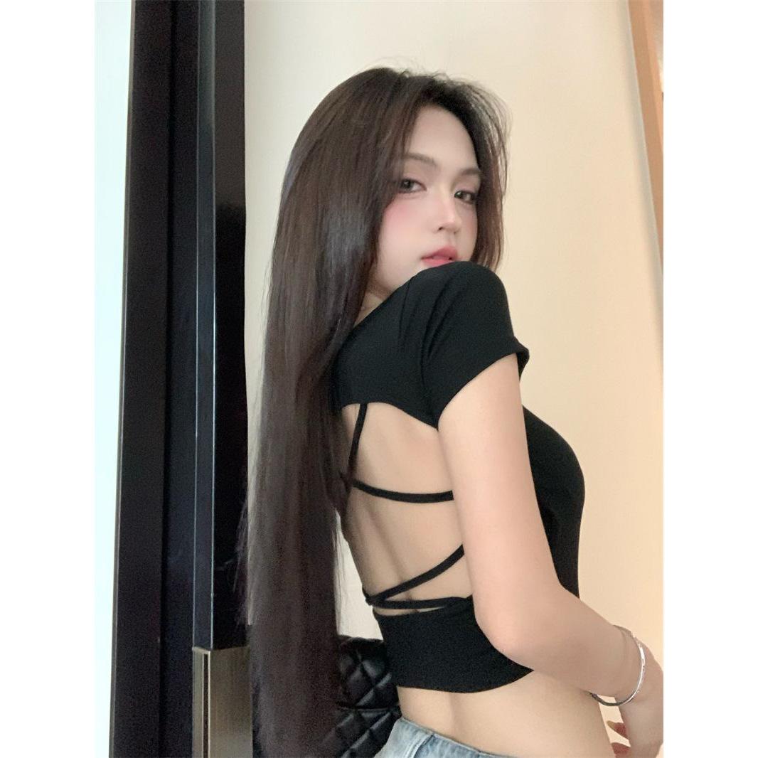 

Design Sense Pure Desire Hollow Back Square Neck Short Sleeve T-Shirt Women s Summer Unique Slim Mind Sexy Top S