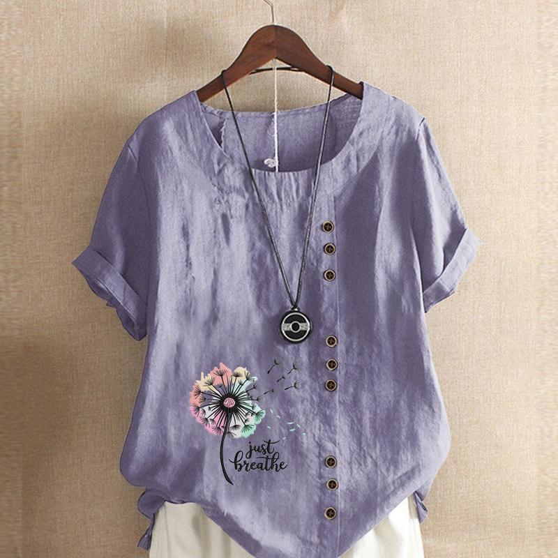 Women's Fashion Colorful Dandelion Prined Short Sleeve T-shirt Loose Cotton Shirt Casual Loose Summer Blouse Tops Plus Size