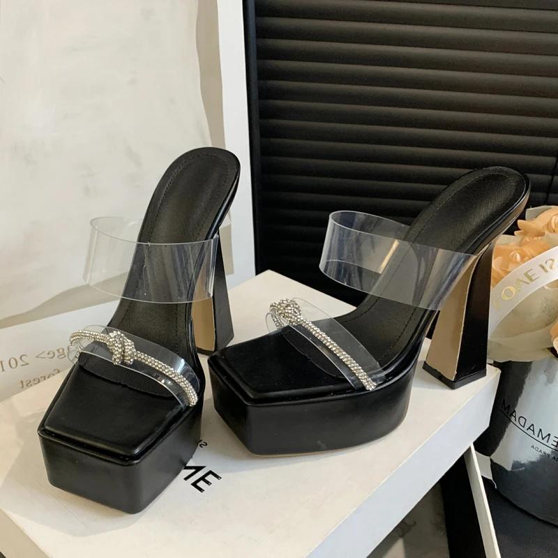 Eilyken Designer Platform Crystal Women Slippers PVC Transparent Square Toe Chunky High Heels Slide Shoes