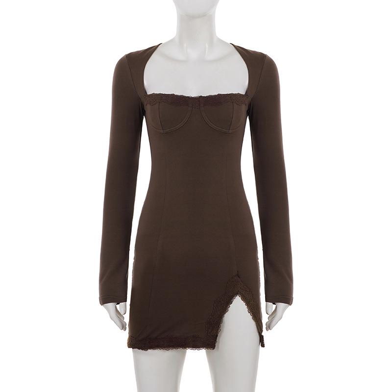 Lace Split Long Sleeve Slim Fit Mini Dress