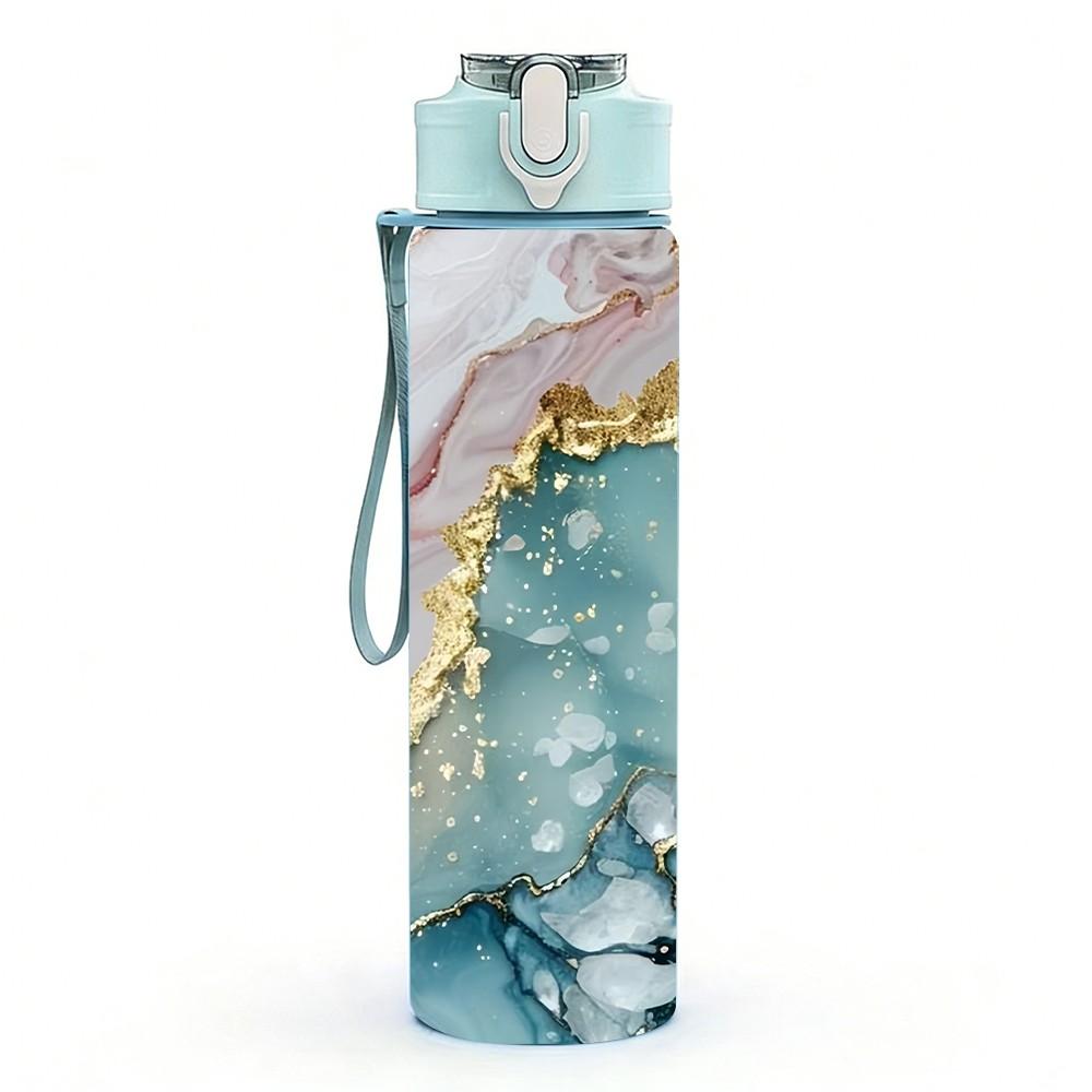 1PC Rose Gold Geode Marble Pattern 750ml Color Plastic Sports Water Bottle Leakproof Flip Straw Lid Suitable for Sports Office Home Use