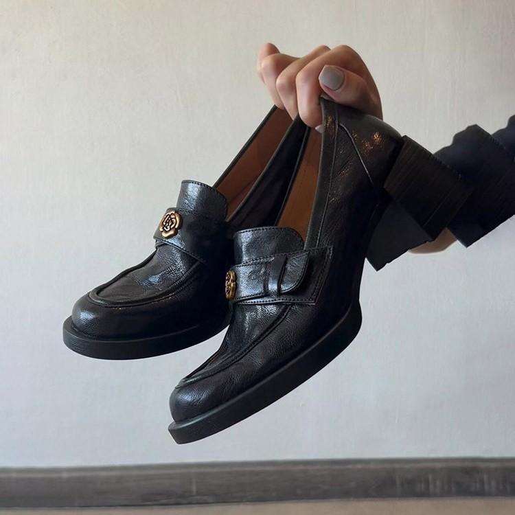 Soft Leather Version~ Retro Thick Heel Loafers Women's Square Head Versatile Medium Heel Small Leather Shoes British Style One-pedal Single Shoes