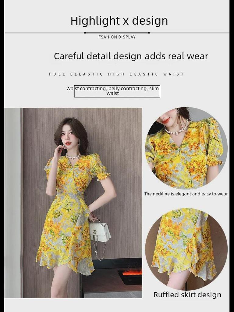 French Retro Floral Chiffon Dress: Summer Beach-Ready Irregular Skirt