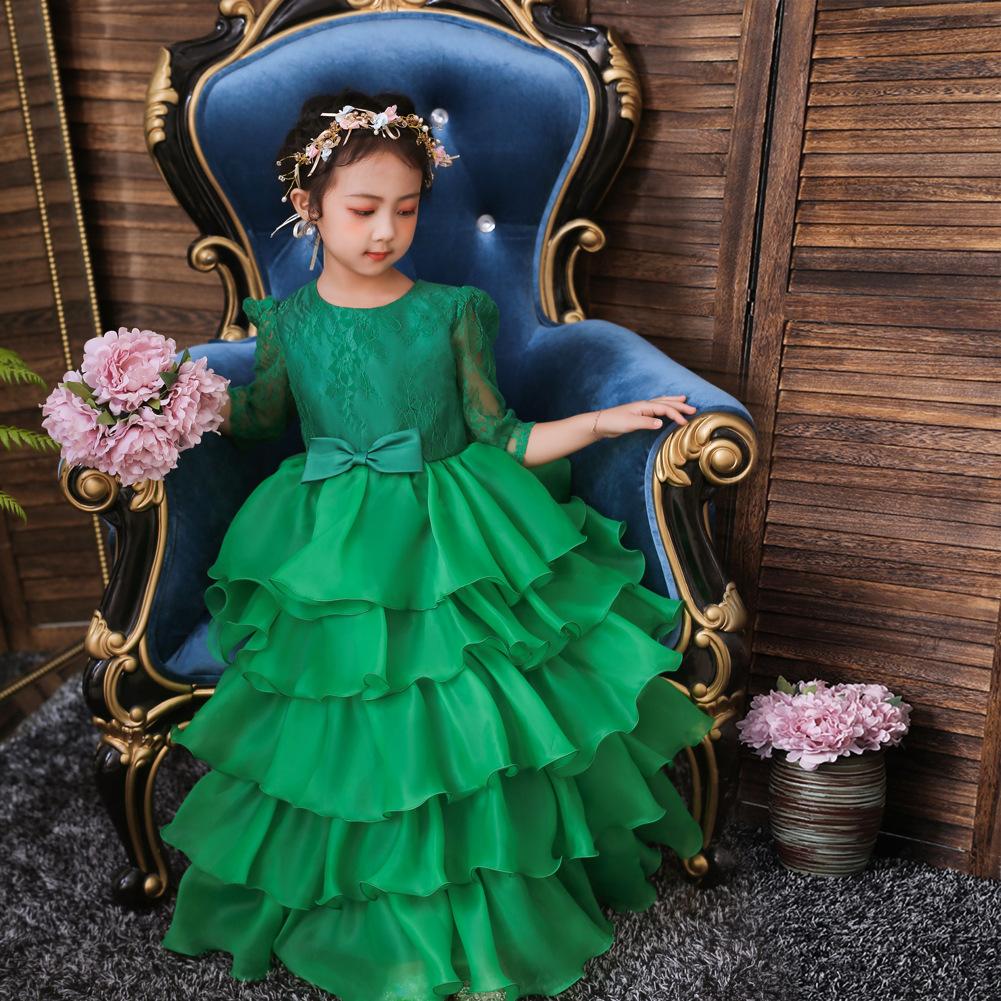 Girls Princess Puffy Dress Medium Large Children Lace Long Gown Kids Christmas Performance Clothing Breathable Mesh Formal Party Outfit