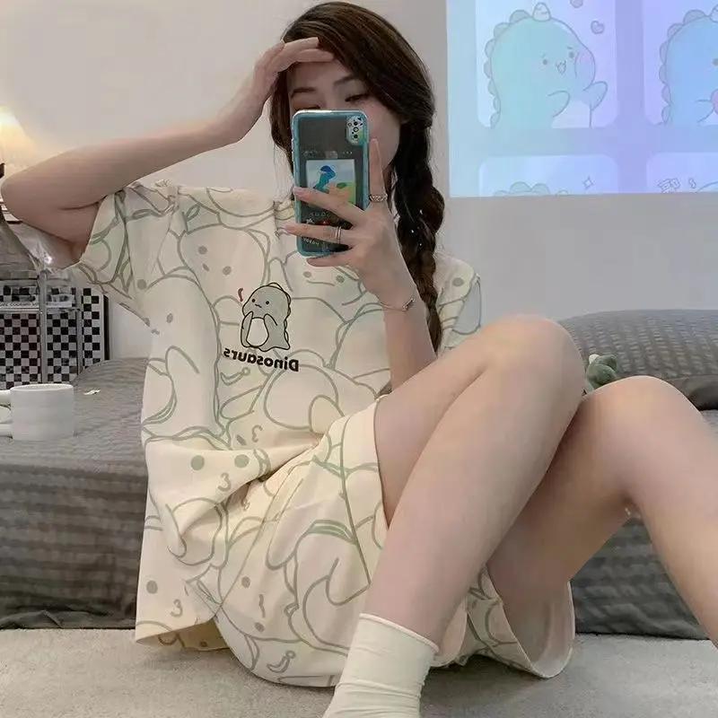 Pajamas Female Short-Sleeved Short Sweet Wind Suit School Pajamas Cartoon Bear Short-Sleeved Outside Wear Homewear