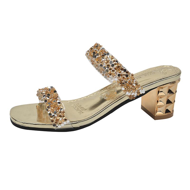 Fashion Women's Chunky Heel Sandals Summer New Round Head Open-toe Crystal with Anti-slip and Wear-resistant Mid-heel Slippers