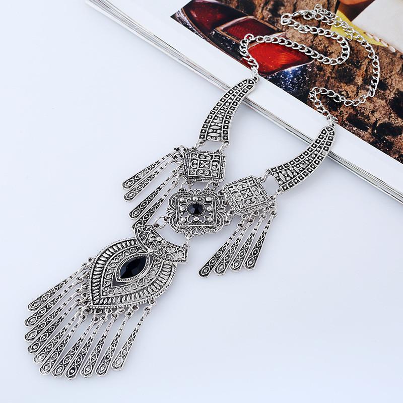 Ethnic Style Simulation Gemstone Decoration Women Necklace With Design Tassel