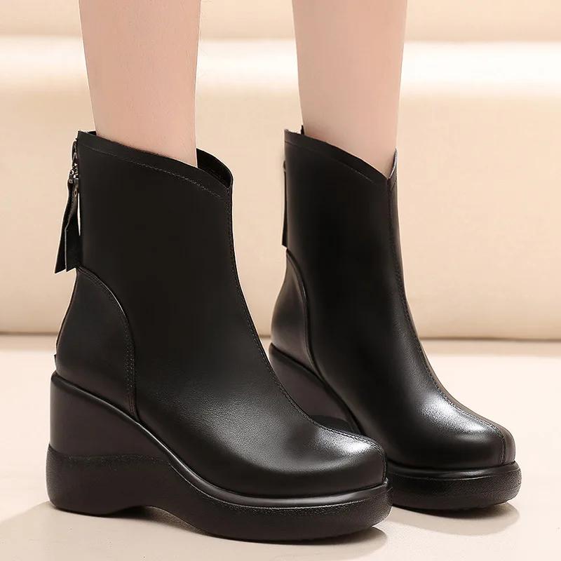 Size32-43 Genuine Leather Woman Ankle Boots Zip Ladies High Heel Plush Short Boots Winter Women's Platform Wedges Shoes
