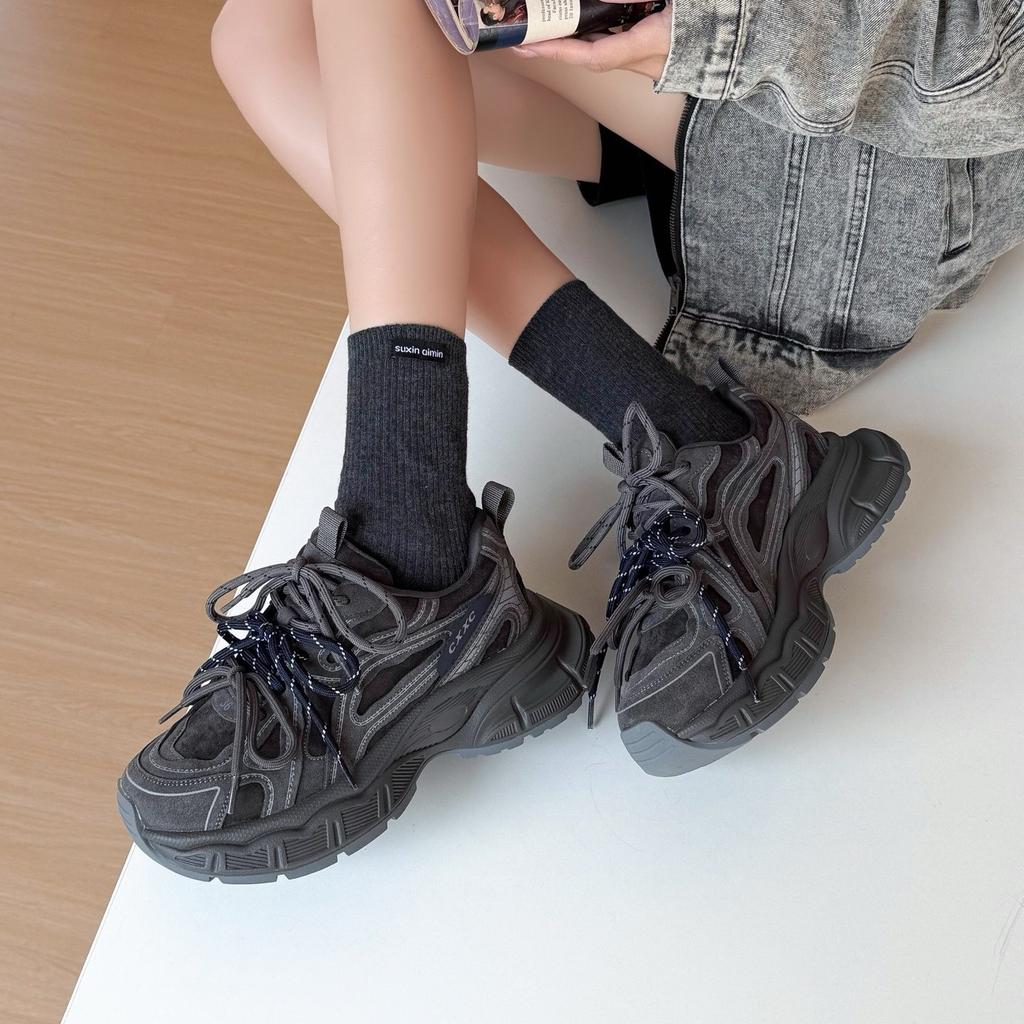 Platform dad shoes women's leather 2025 autumn new versatile height increase casual sports shoes ins niche design sense