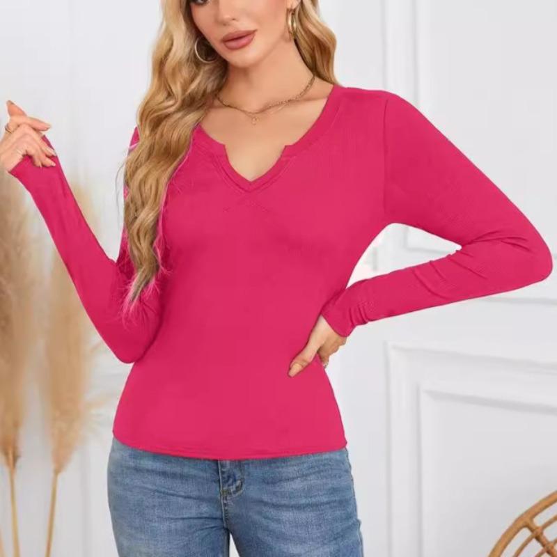 Women's Deep U-shaped Neckline Cross Long Sleeved T-shirt Top with Pit Stripes Shirt