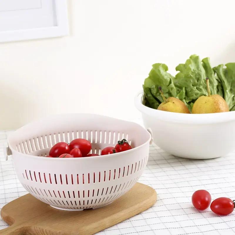 Double Layer Fruit Vegetable Tray Removable Draining Basket Rotating Design Kitchen Storage Organizer Household Non-Slip Washing