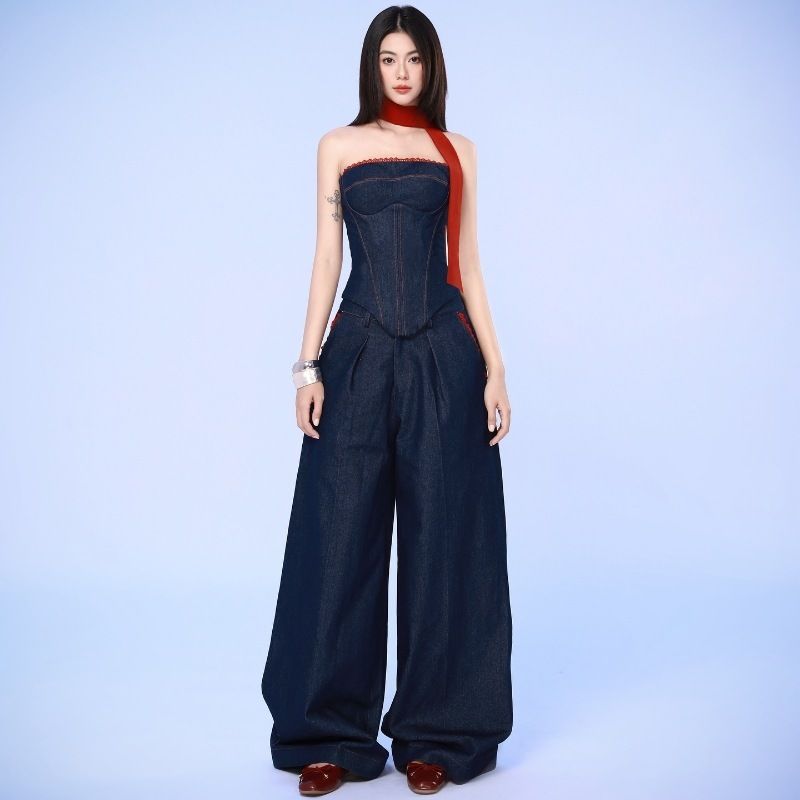 INS Fashion Style 2024 Autumn New Arrival Fashion Stylish Denim Tube Top Vest Female Loose-Fitting Wide-Leg Trousers Suit