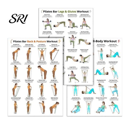 Yoga And Pilates Poster 3Pcs Bar Full Body Workout Set Leg Hip Arm Back Posture Exercise Routine Guide Chart for Home Gym Laminated Fitness Beginners