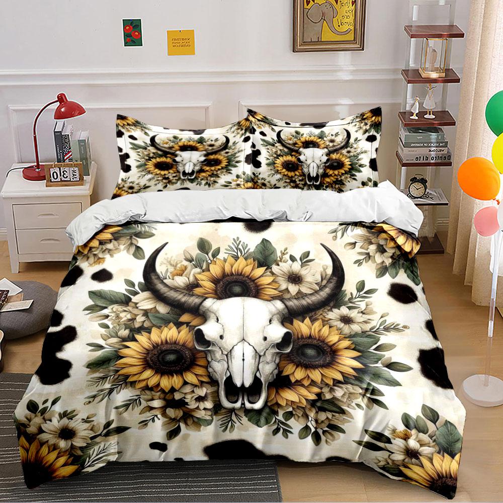 Cow Skull and Sunflower Set Bedding Duvet Cover Set Duvet Cover Pillowcases (1 * Duvet Cover 2 * Pillowcases, Without Duvet Insert)