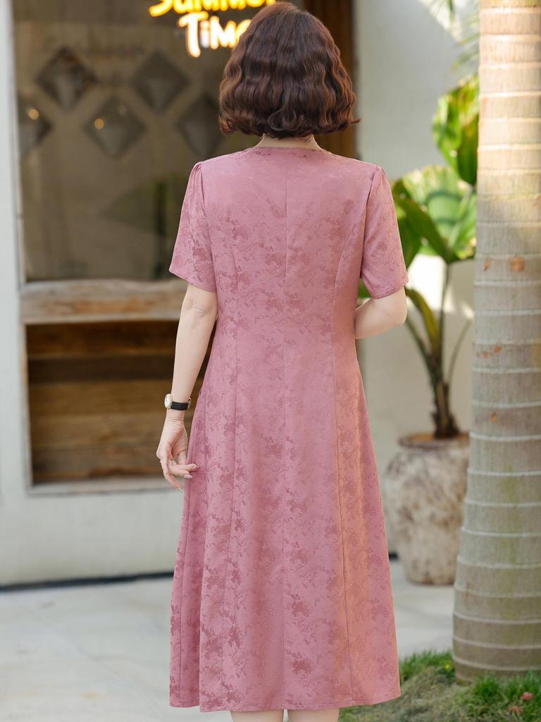 New Summer Jacquard Mid-Length Dress, Short Sleeve, Chinese Style, for Young and Middle-Aged Women