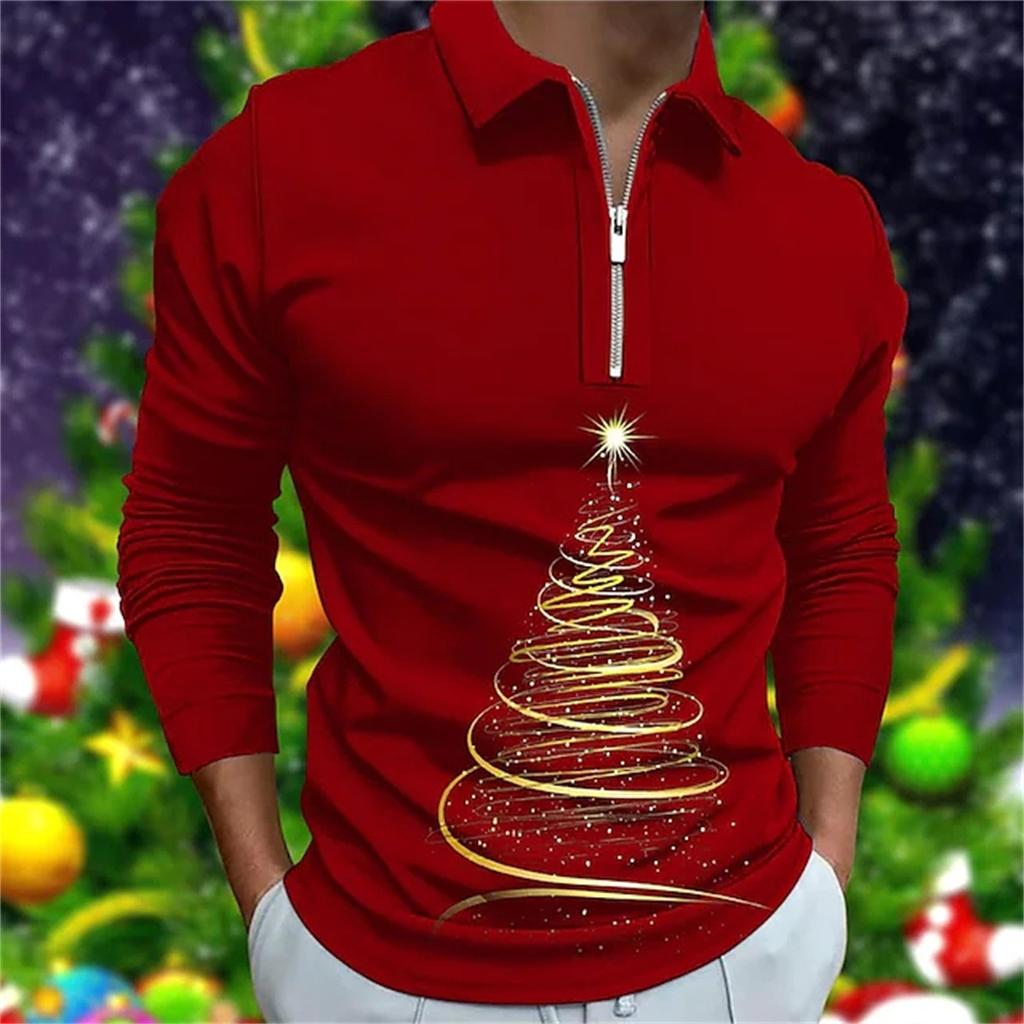 Urlaubs-Essential! Langarm Reißverschluss Poloshirt mit Weihnachts-Hirsch-Print