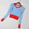 Women's V-neck Sweater Spring Autumn Long-sleeved Knitted Cropped Top Sweater Color-block Pullover Jumper