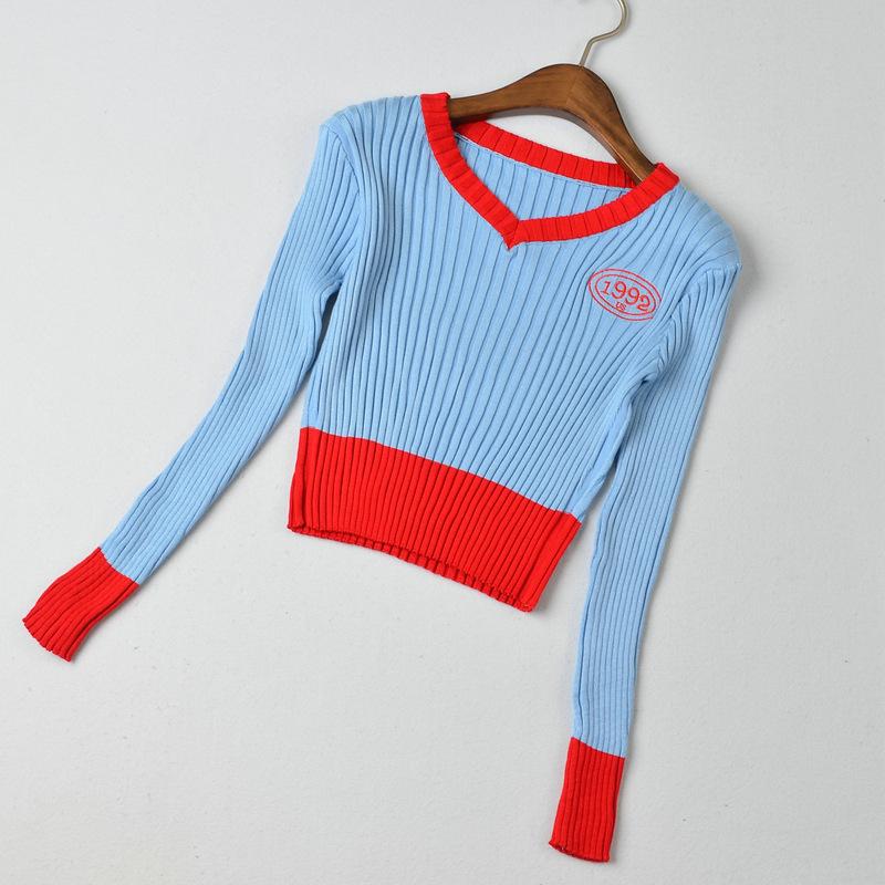 Women's V-neck Sweater Spring Autumn Long-sleeved Knitted Cropped Top Sweater Color-block Pullover Jumper