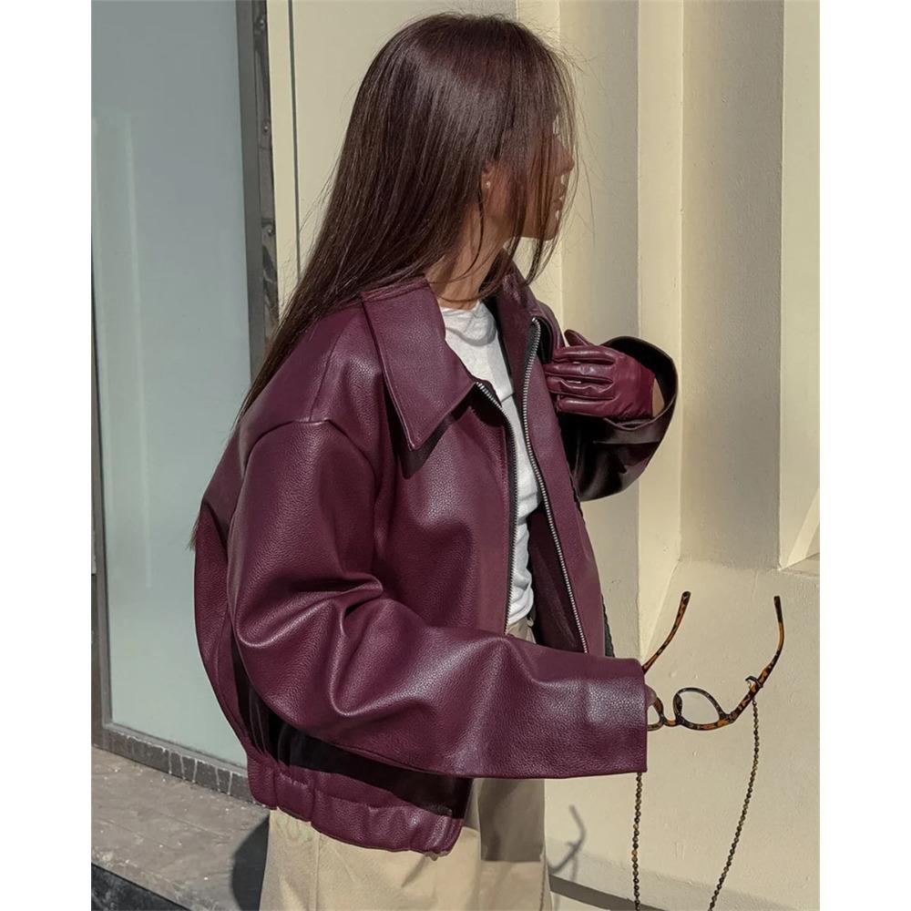 Women Vintage Wine Red Faux Leather Jakcet Fashion Outerwear Zipper Lapel Pu Coats Autumn Winter Streetwear Ladies Short Tops
