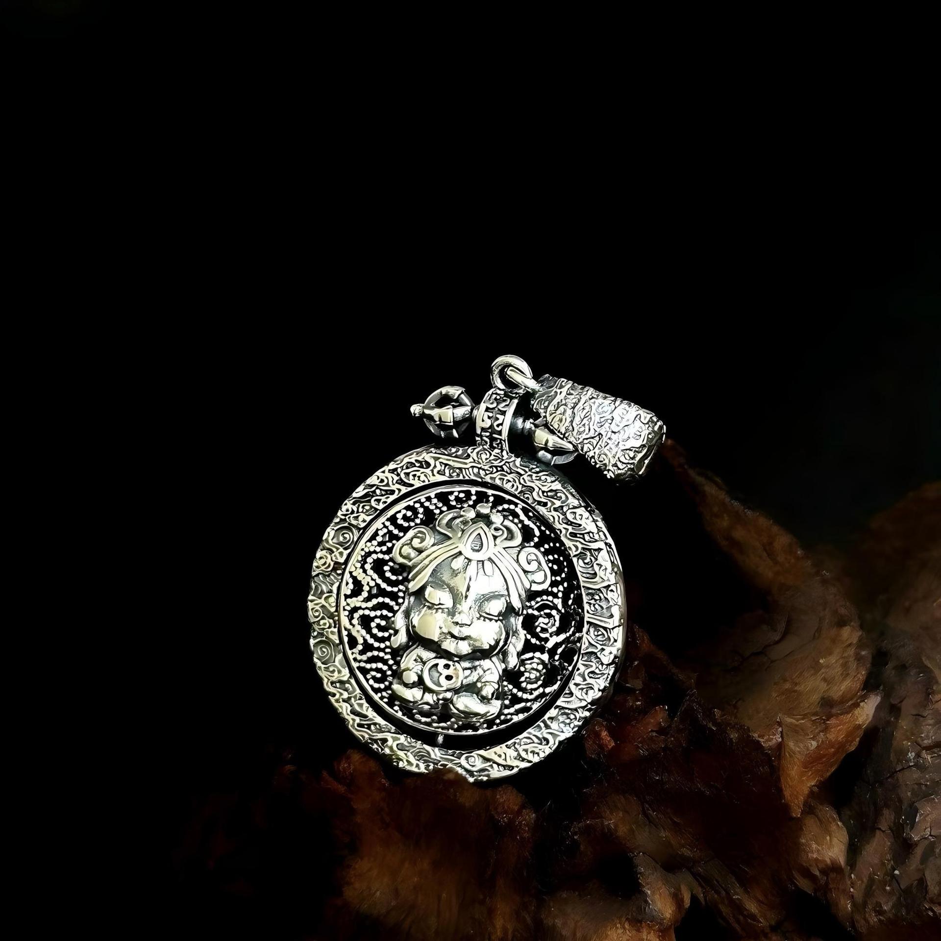 

S925 Sterling Silver Double-Sided Tibetan God of Wealth Jaki Lham Pendant - Unisex Necklace 925 Silver