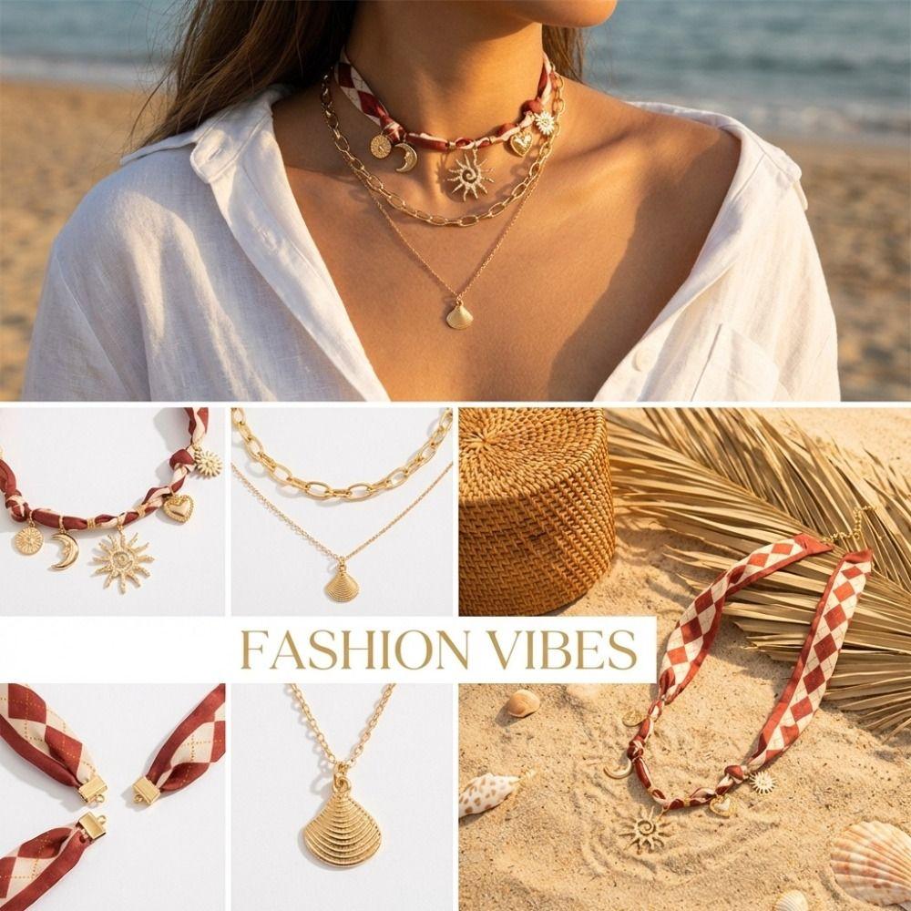 Leopard Print Conch Starfish Necklace Seashell Beads Chain Choker Scarf Necklace  Gold Jewelry