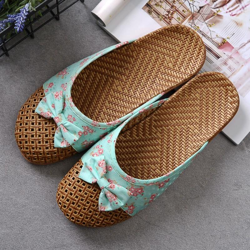 Spring Summer Women Flat Slippers Casual Slides Floral Bow Linen Women Sandals Indoor Shoes