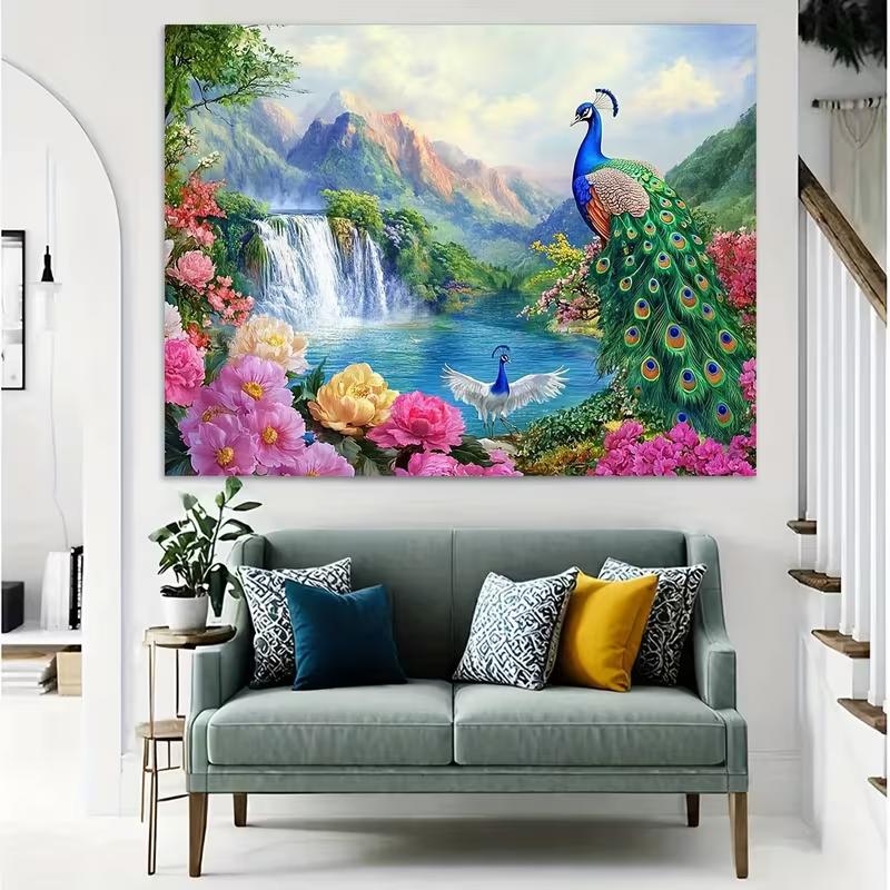 2D Elegant Peacock Floral Waterfall Backdrop Spring Nature Scenery Studio Background Cloth