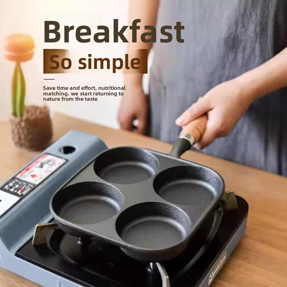 Four-hole Cast Iron Fried Egg Pan, Uncoated Non-stick, Universal for Induction Cooker and Gas Stove