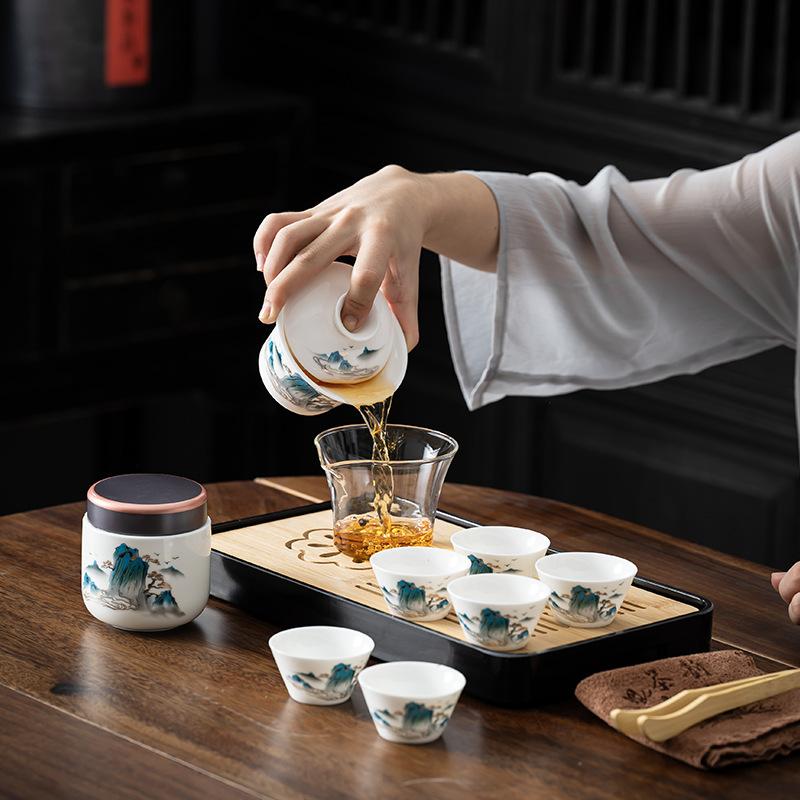 Travel Kung Fu Tea Set Tea Tray Complete Set Dehua White Porcelain Suet Jade Cover Bowl Set Light Luxury Business Companion