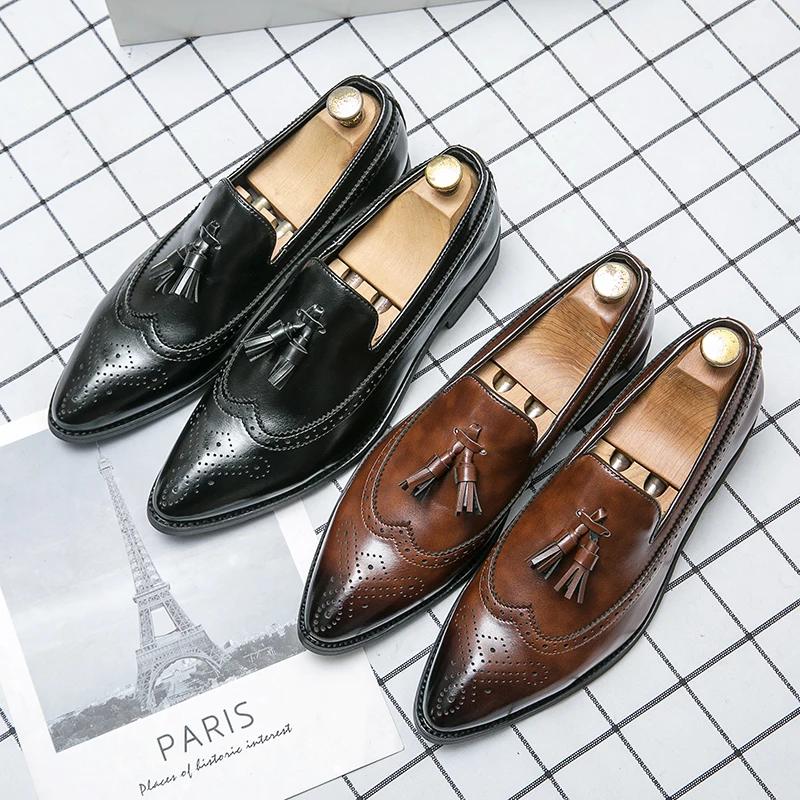 Fashion Tassel Men's Shoes Moccasins Pointed Loafers Men Casual Leather Office Shoes Comfortable Low-heeled Designer Wedding Shoes Men