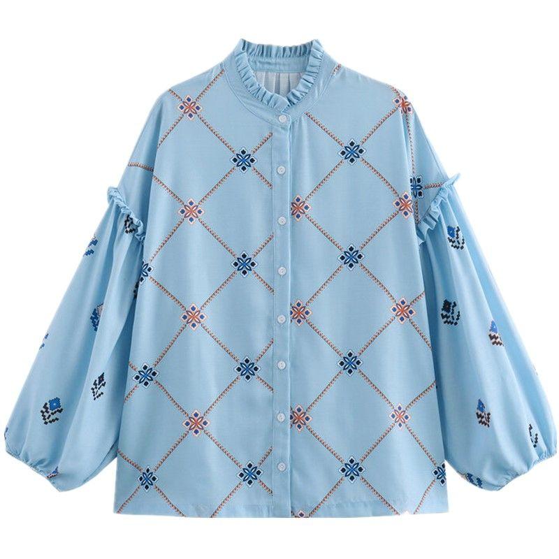 

Fashion Style 2024 Spring New Arrival Women s Stylish Fashionable Temperamental All-Match Slimming Flounce Collar Long Sleeves Shirt Blue L