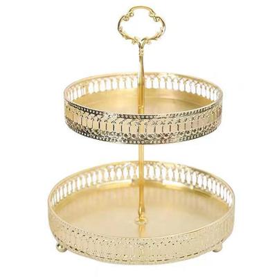Double Layer Pastry Tray Decorative Copper Gold Biscuits Dessert Display Plate for Wedding Hollowed