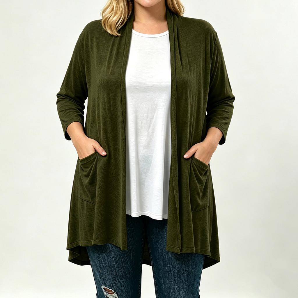 Women's Plus Size Soft Three-Quarter Sleeve Cardigan with Pockets