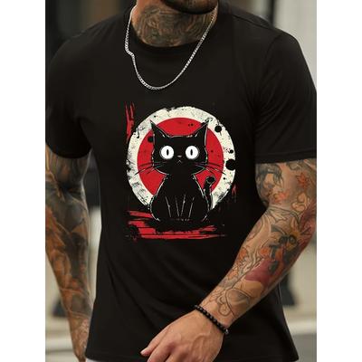 Europäische Größen Herren's Lässiges T-Shirt - Kurzarm, Rundhalsausschnitt mit Einzigartigem Katzenaufdruck | Maschinenwaschbar