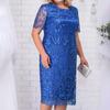 Women Dress Flower Embroidery Double Layers Short Sleeve Round Neck Mid-calf Length Lace Plus Size Elegant Lady Midi Prom Party Dress