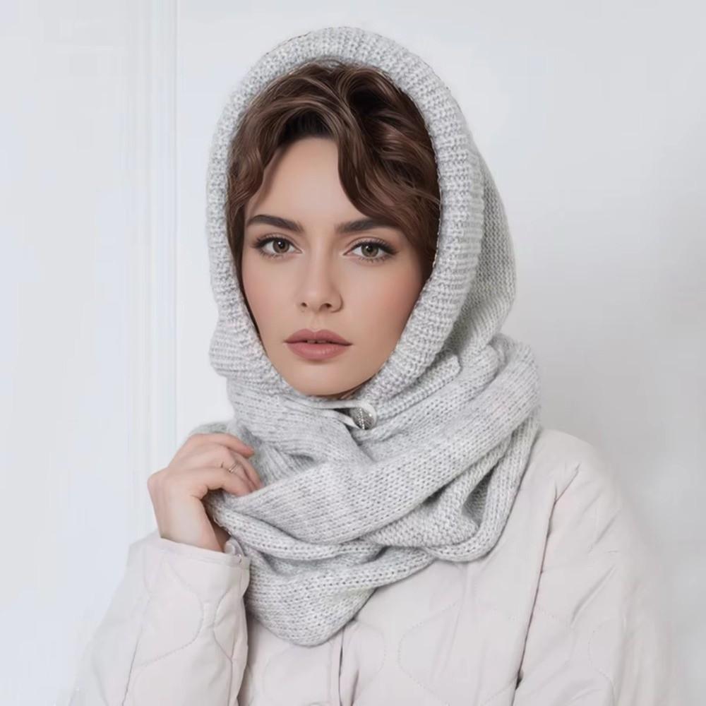 2 In 1 Knitted Hooded Scarf Solid Color Winter Crochet Beanie Hat New Neck Collar Hat  for Women