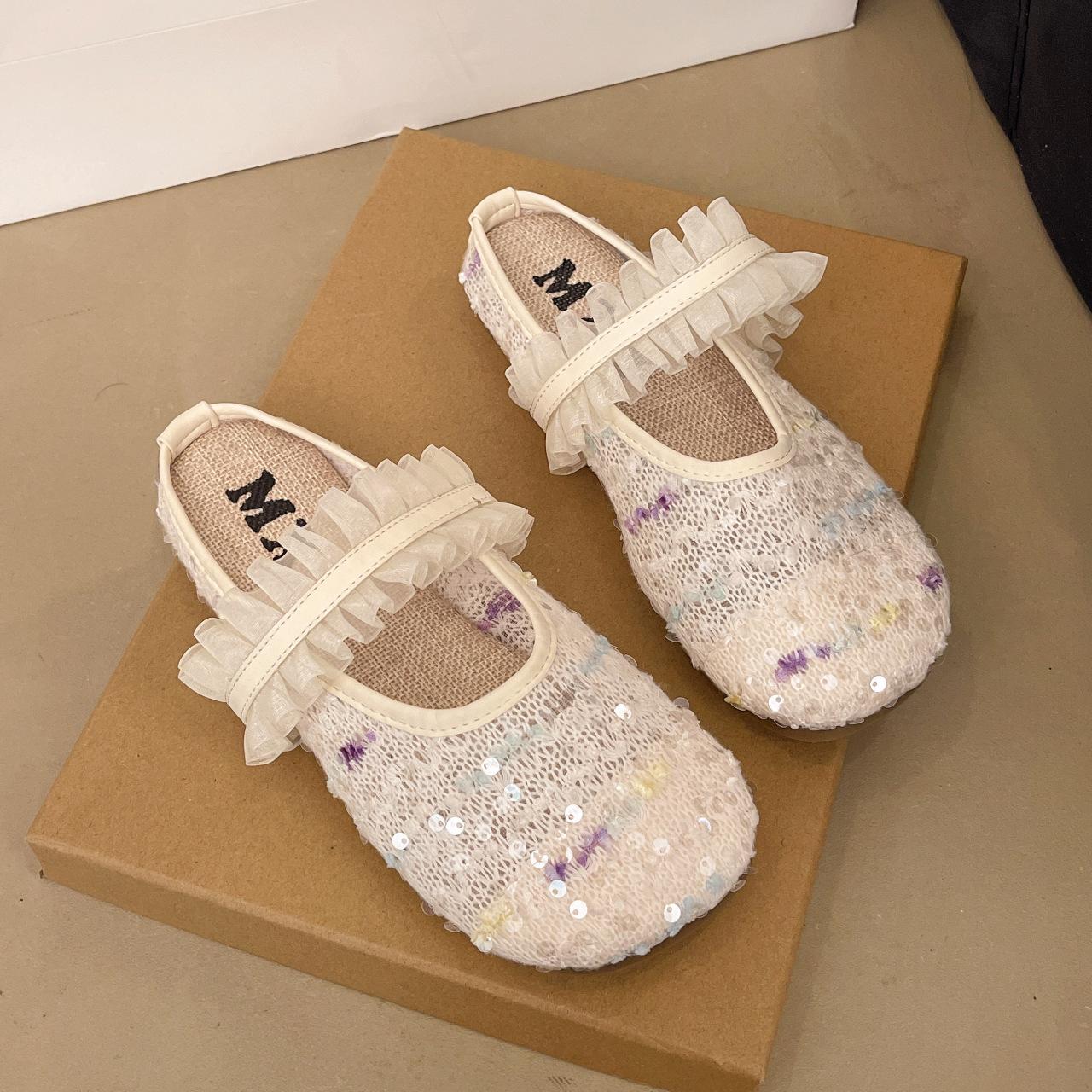 

Fashion 2025 Summer Sparkling Sequin Lace Trimmed Flat Slip On Sandals for Women Thin Mesh Breathable Design Lazy Girl Outdoor Slippers 40