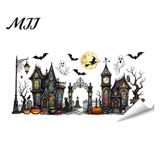 Spooky Glass Stickers Halloween Window Static Sticker, Ghost Castle Black Cat Print Decals, Creative Gift for Friends Waterproof PVC Cling