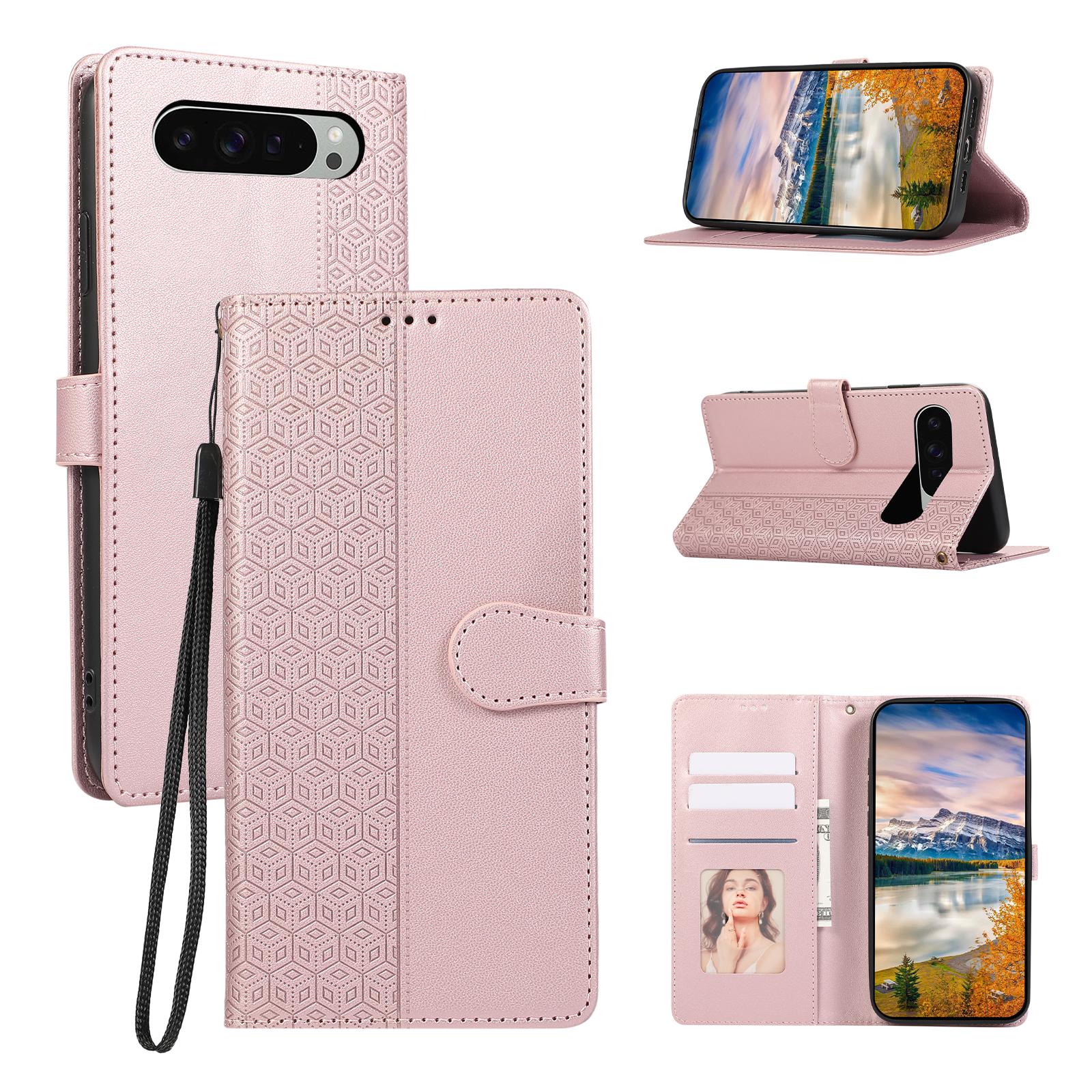 

For Google Pixel 10 Pro XL/9 Pro XL Case Anti Scratch Splicing Imprinted Rhombus Leather Phone Cover Rose Gold