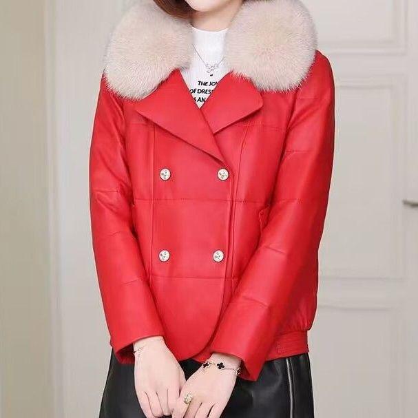 Haining leather jacket down cotton jacket women's short small winter clothing new Korean version fashion fur thickened leather jacket tide
