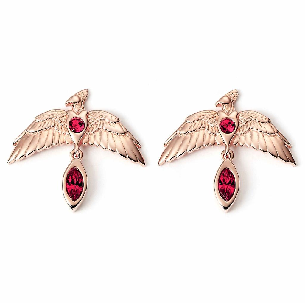 Harry Potter Sterling Silver, Rose Gold Tone Fawkes Earrings with Crystals
