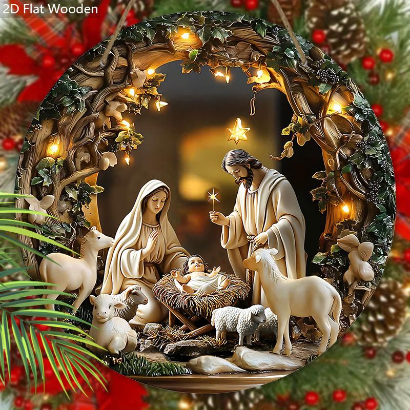 Nativity Scene Wooden Sign, Jesus Chases The Lost Lamb Round Sign for Front Door Wall Hanging Decor, Ideal Christmas Ornament