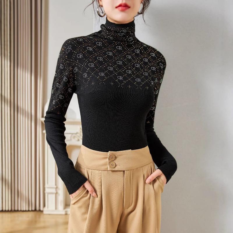 

Niche design pressure-drilled silk wool sweater autumn turtleneck slim-fitting and thin bottomed knitted sweater women s top 115 чёрный