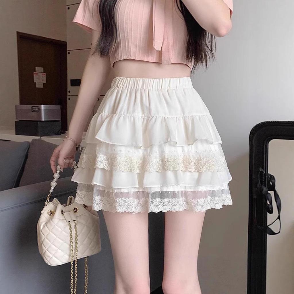 2025 Summer Women's A-Line Lace Frill Midi Skirt with Elastic Waist and Hip-Covering Design