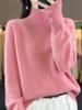 Women's High Neck 100% Wool Sweater - Loose Knit, Thick, Versatile, Cozy Base Layer for Autumn & Winter